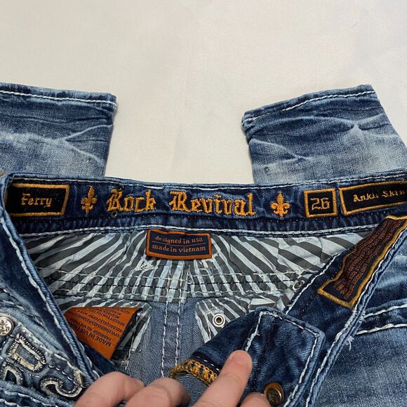 Rock Revival Distressed Ferry Ankle Skinny Jeans Bleach Wash Rhinestone Pockets - Picture 8 of 15